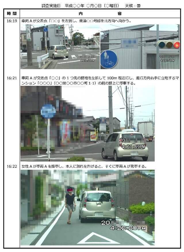 車両尾行浮気調査報告書サンプル1